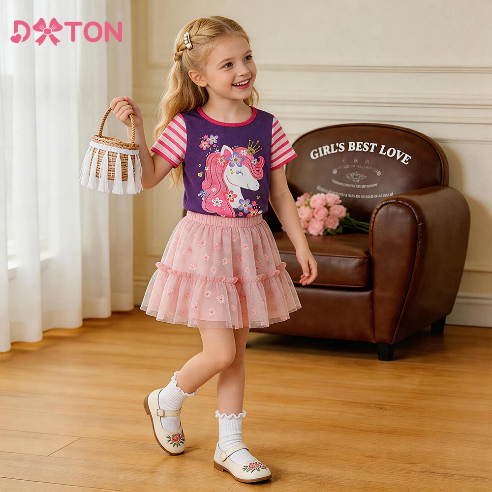 DXTON Cotton Children Summer Top Striped Short Sleeve Kids Tees Toddler Summer Daily Clothing Unicorn Floral Baby Girls T-shirts