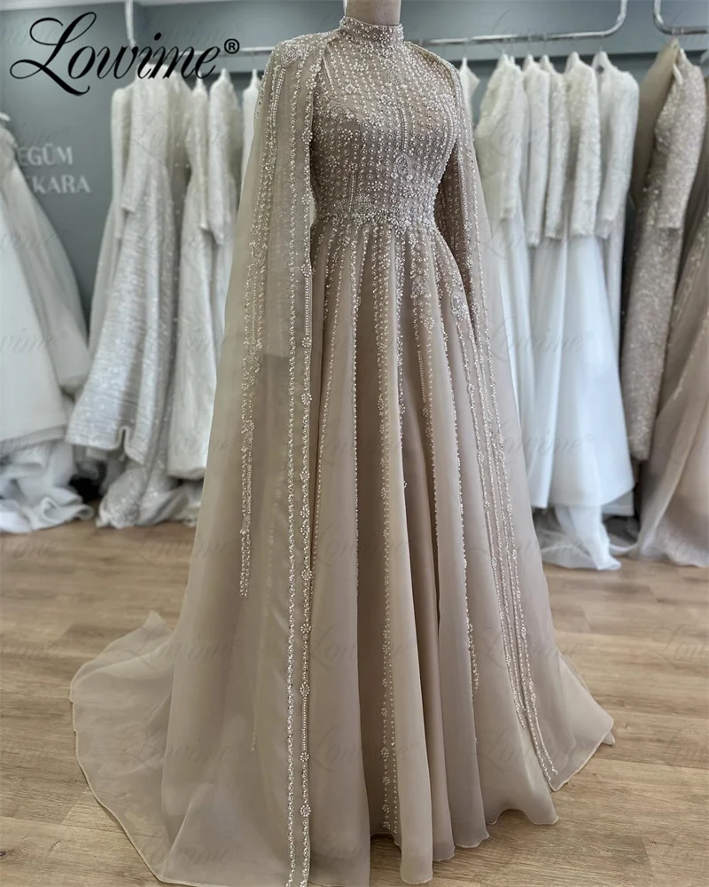 Muslim Long Sleeve Beaded Evening Dress A Line High Neck Dubai Middle East Women Prom Dresses Plus Size Custmize Party Gown Robe