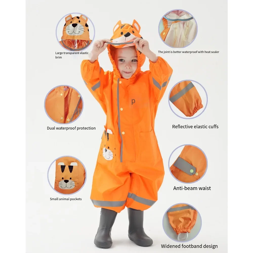 Chilren 3D Raincoat with Reflective Strip Print Cartoon Design Kids Hooded Rainwear for Baby 1-10 Y Rain Pants Infant Rainsuit