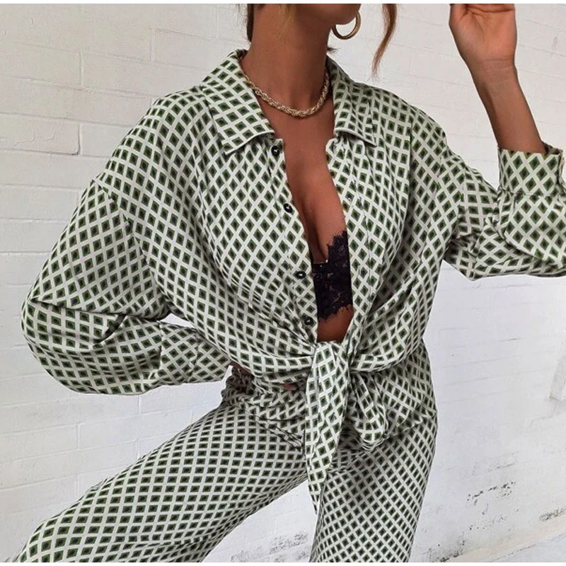 2023 Cross border Hot Edition Street Trendy Print Trouser Set Long Sleeve Full Screen Print Off Shoulder Shirt Set