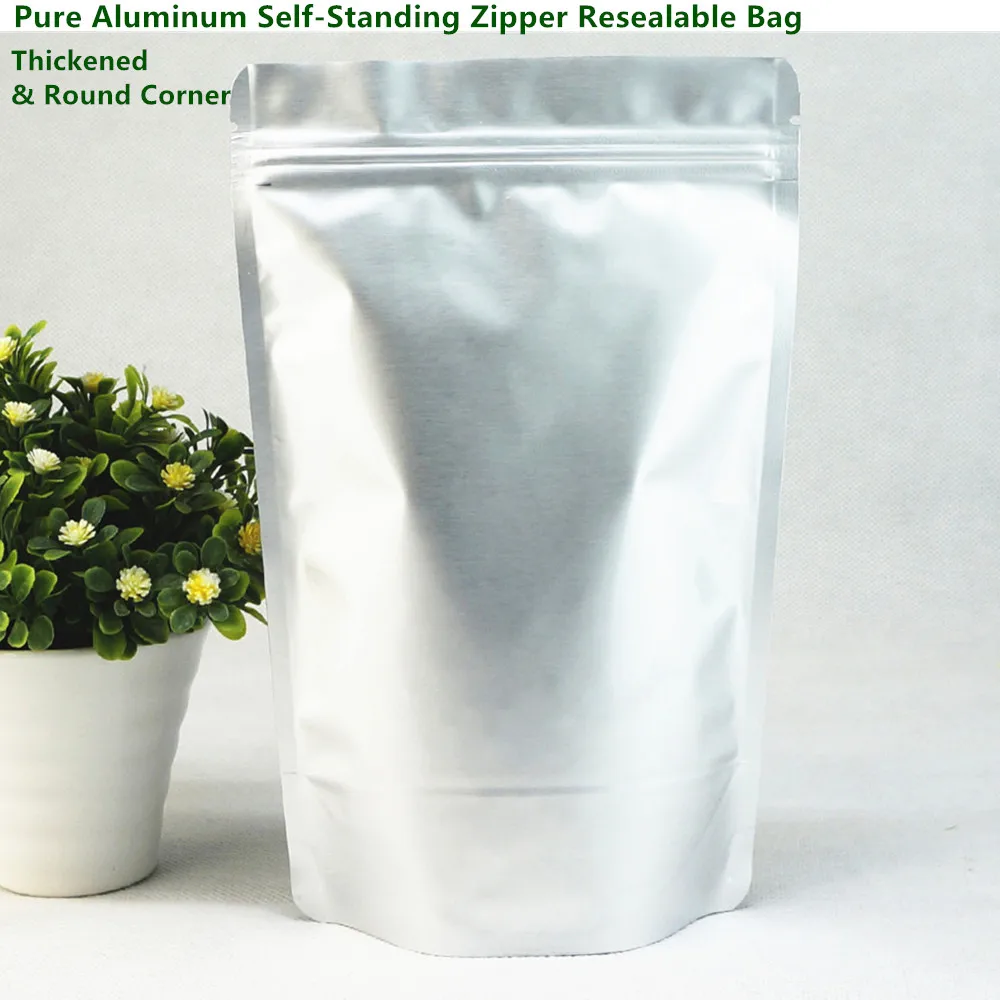 

100pcs Silvery White Thicken Pure Aluminum Foil Self-Standing Up Zipper Resealable Bags with Round Corner for Tea Food Packaging