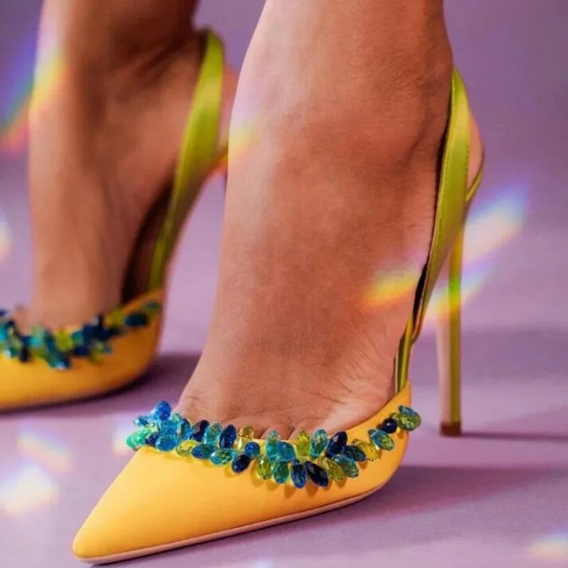 

Multi Colors Crystal String Bead Women Slingback Pumps Yellow Green Sain Pointed Toe Rhinestone Trim High Heeled Shoes