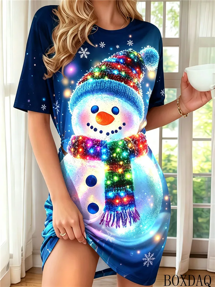 Women's Fashion Summer Dresses 2026 Casual Christmas Snowman Pattern Printed Loose Round Neck Short Sleeve Home Dress