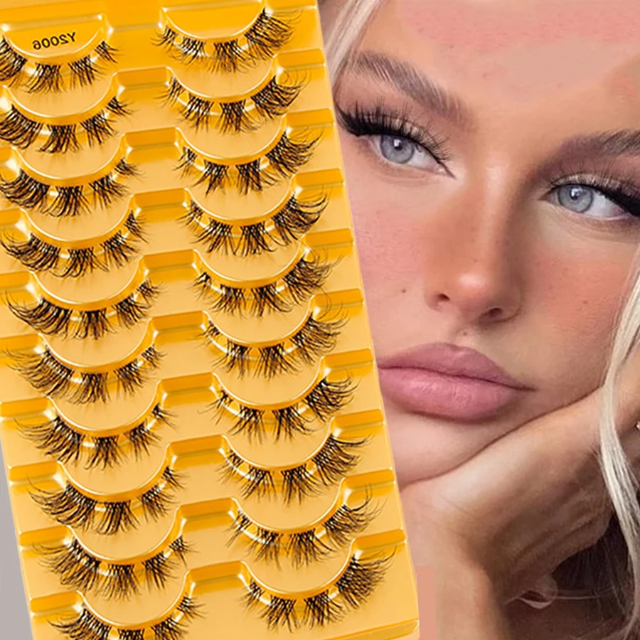 10 pares de cílios cacheados 3D, aparência de simulação natural, haste transparente, cílios postiços curtos de maquiagem coreana de anime