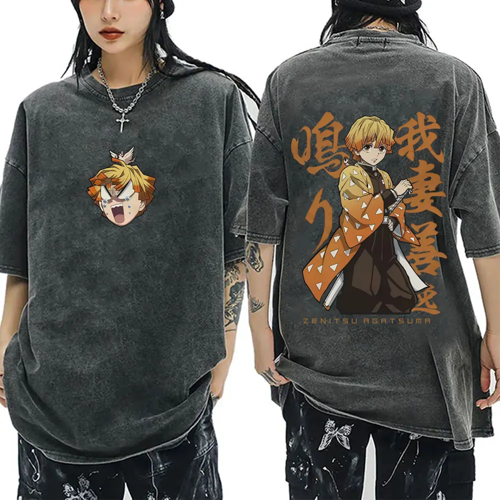 

Washed Vintage Anime Demon Slayer T-shirt Agatsuma Zenitsu Graphic T Shirt Men Women Cotton Casual Oversized Short Sleeve Tshirt