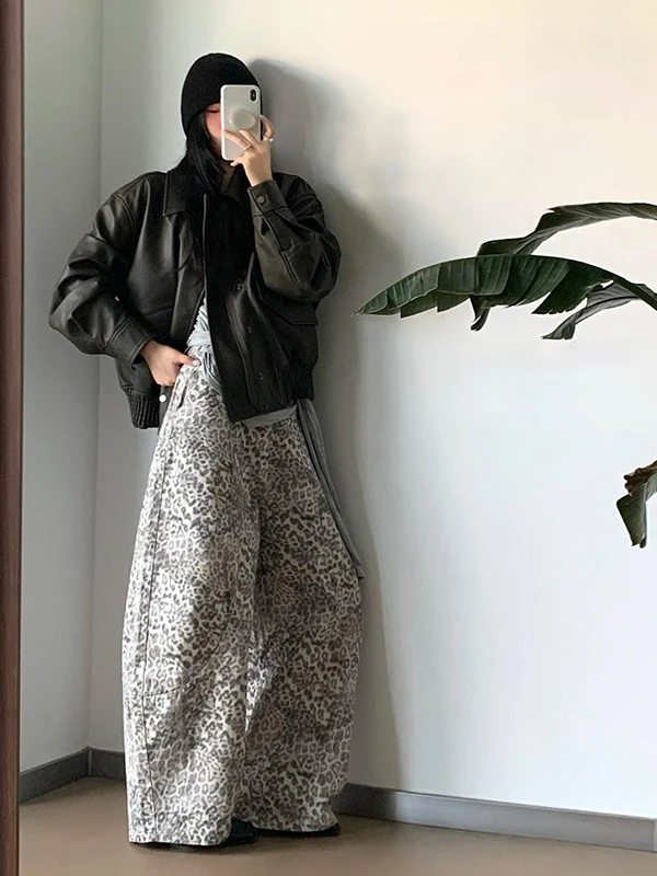 American Retro Leopard Print Wide Leg Low Waist Jeans Women's Autumn 2025 New Sle Loose Fit Floor Length Scythe Pants