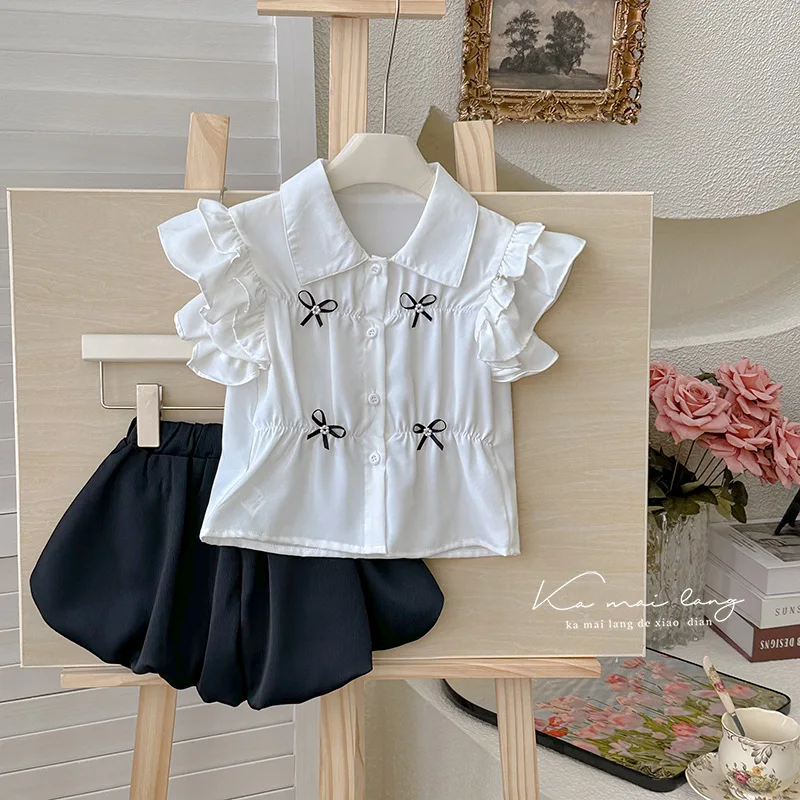 

Girls Clothes Suit Summer 2024 Korean Style New Bow Shirt Shorts Fashion Children Suit Baby Girl Fashion Two-piece Set