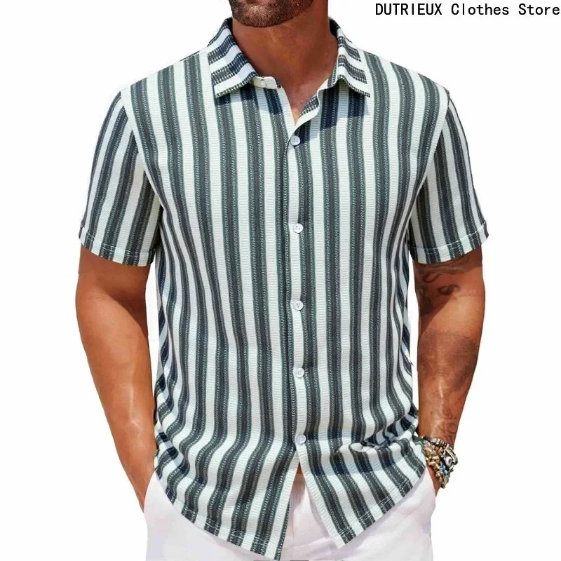 Summer Men's Business Casual Striped Short-sleeved Shirts,【 Limited-time Discount 】Beach Vacation Sun-protective Shirts Men Top
