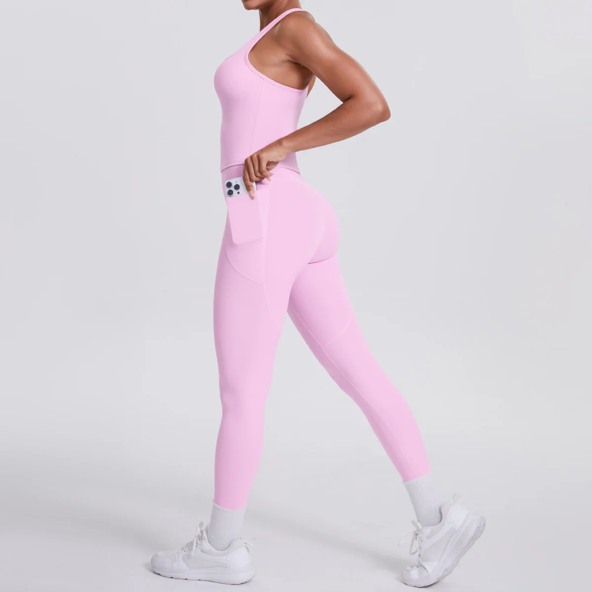 Women's Yoga Suit Brushed Nude Feel Fabric I-shaped Beautiful Back Vest Pocket Leggings Running Fitness Exercise Set