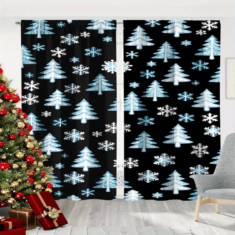 2PCS Christmas Winter Curtains, Blue Tree Snowflake Black White Pattern, Digital Print, Bedroom Living Room, Home Decor