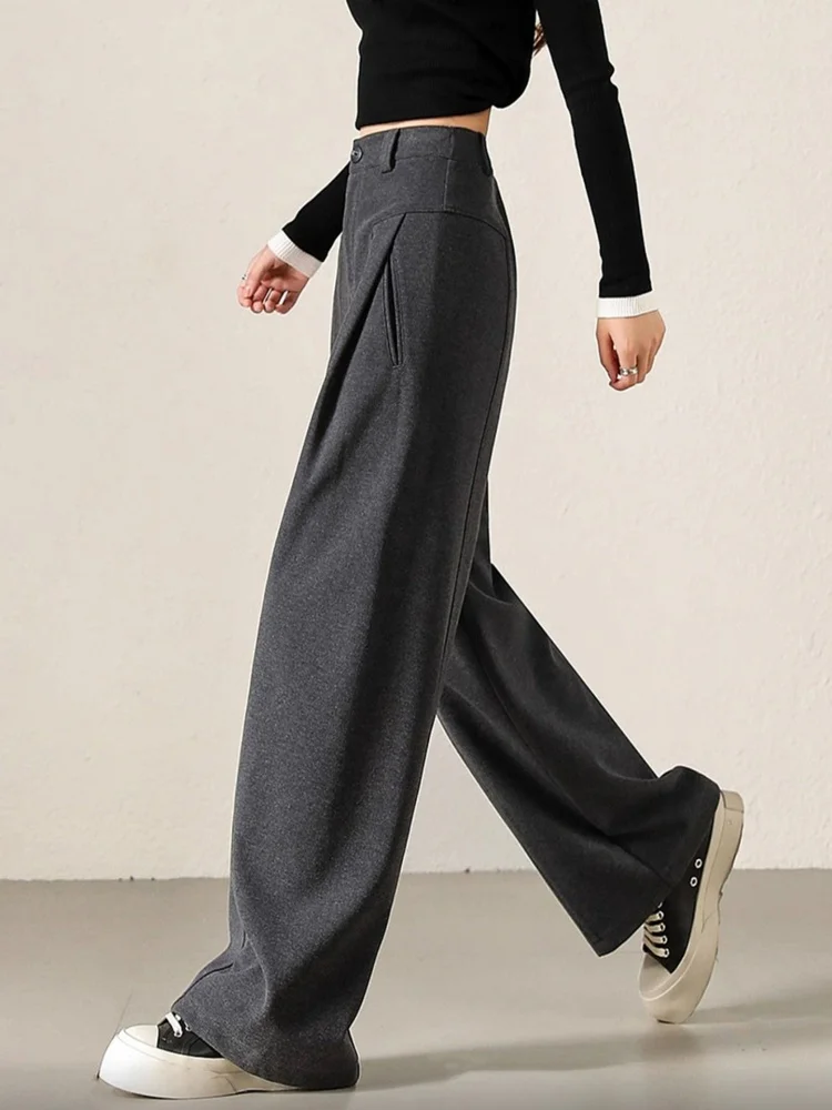 Wełniane spodnie z szerokimi nogawkami damskie, ocieplane, jesienno-zimowe, proste spodnie do pracy, wysoki stan, zamek błyskawiczny, jednolity kolor.