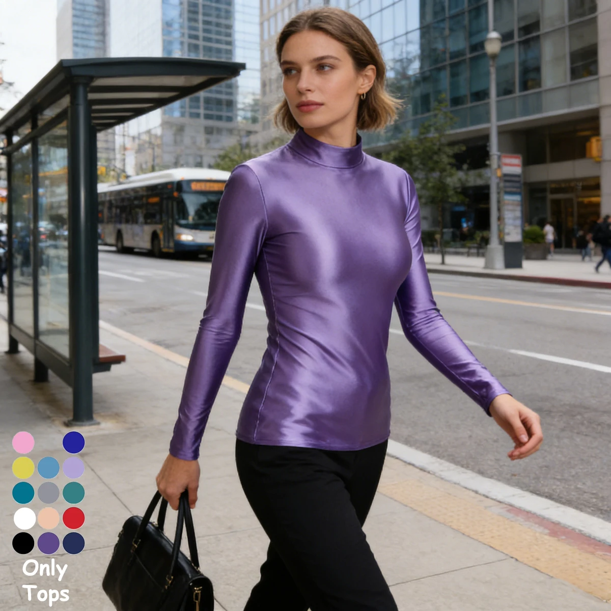 MJINM Glossy Soild Satin Elastic Undershirt Yoga Fitness Casual Professional T-shirts Sportwear Workout Quickdry Bottoming Tops