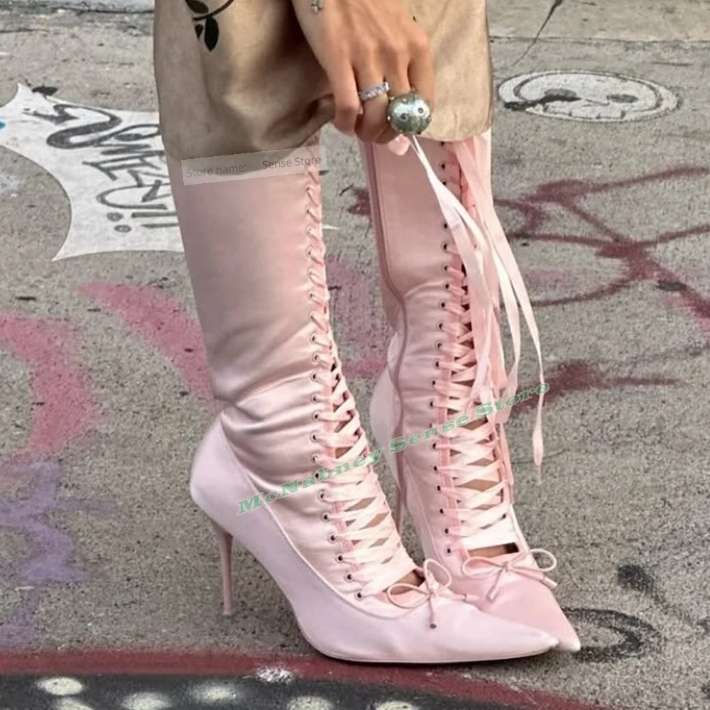 

Silk Lace Up Pointy Boots Stiletto Heels Mid Calf Solid Fitted Bow Knot Boots Women Sexy Summer Party Casual Shoes Designer New
