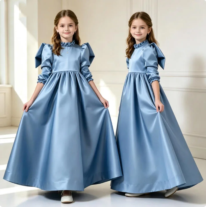 Customized Grey Blue Modest Flower Girl Dress For Wedding High Waist Puffy Satin Pleated Kids Birthday First Communion Gowns