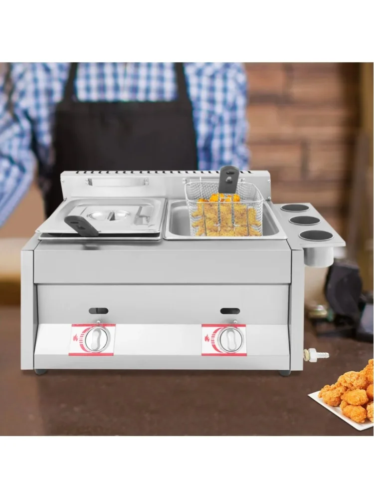 Gewerbliche Doppel-Fritteuse mit Gasbetrieb (LPG), 6L pro Behälter, Edelstahl, für Restaurants, Fast Food, Brathähnchen, Pommes Frites