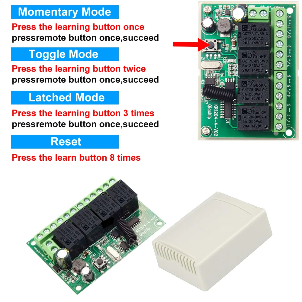 QIACHIP-Módulo de relé receptor EV1527, interruptor de Control remoto inalámbrico, 433,92 Mhz, 433Mhz, 5V, 12V, 24V, 48V, 10A, 4 canales