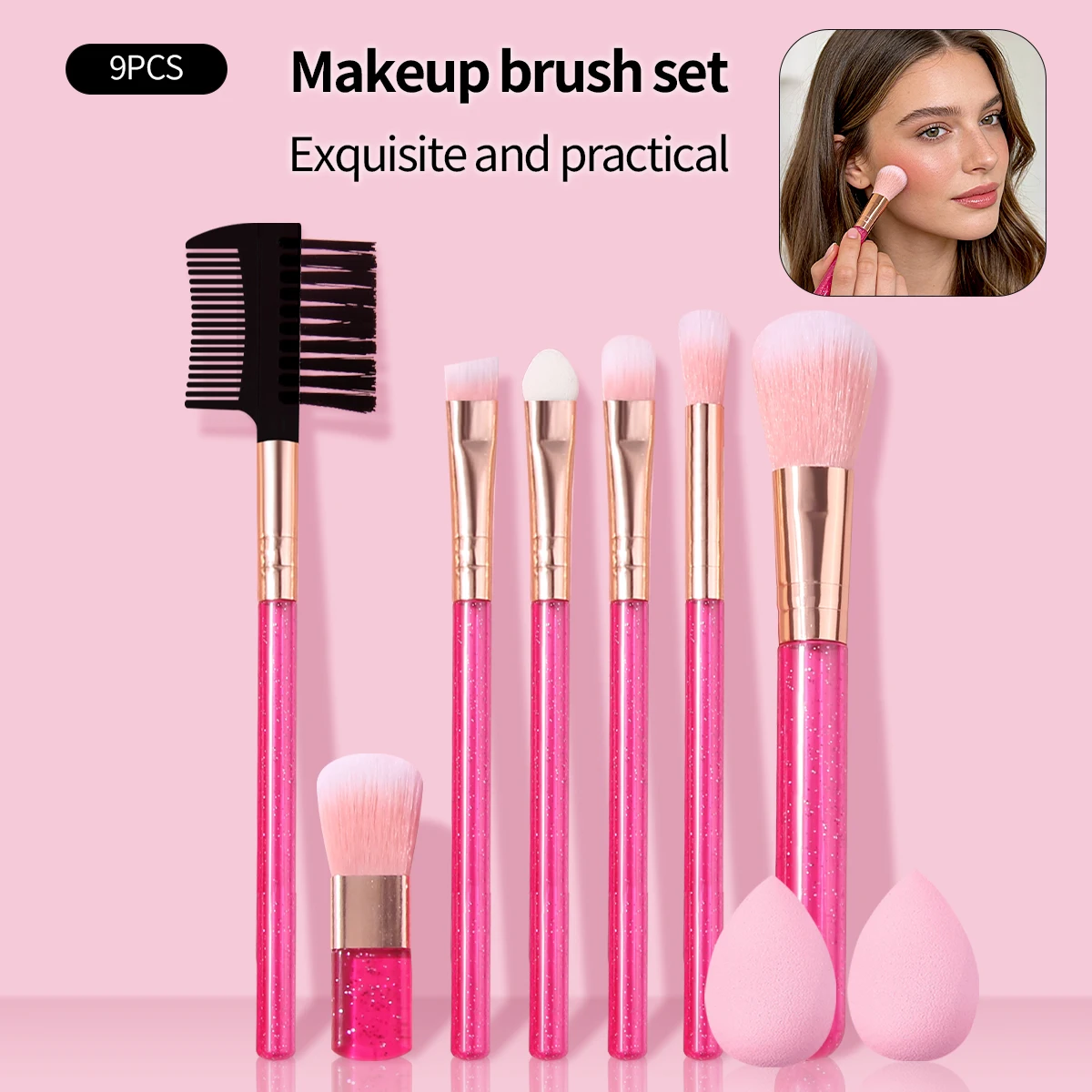9-piece high-quality mini makeup brush set - powder brush, eyeshadow brush, multi-functional brush & small sponge applicator