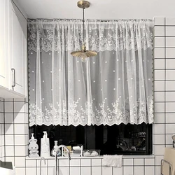 1PC White Short Lace Curtain,Cute Floral Pattern Kitchen Valance,Window Valances Pastoral Tulle Voile Home Decor Kitchen Door