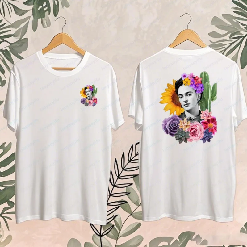 Frida Kahlo Floral Portrait Print T-Shirt Women Double Sided Cotton Tee Mexican Artist Casual Summer Short Sleeve Streetwear Top