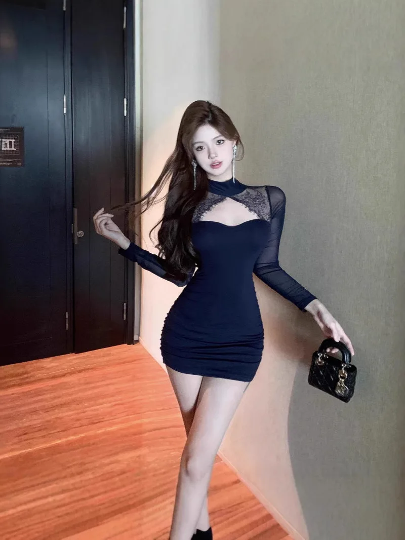Blue Dress Mesh Sheer Summer Sexy Backless Hollow Out Long Sleeve Elastic Lace Patchwork Spicy Girl Slim Dress Elegant F8LF
