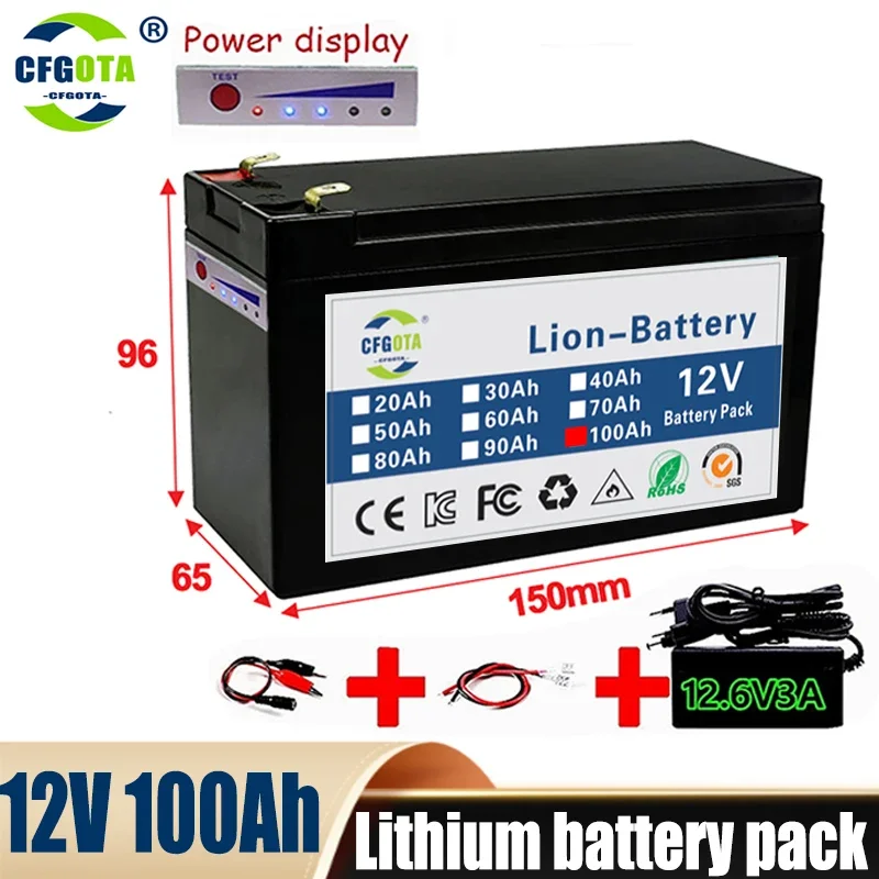 12V Battery 100Ah 18650 lithium battery pack Rechargeable battery for solar energy electric vehicle battery+12.6v3A charger