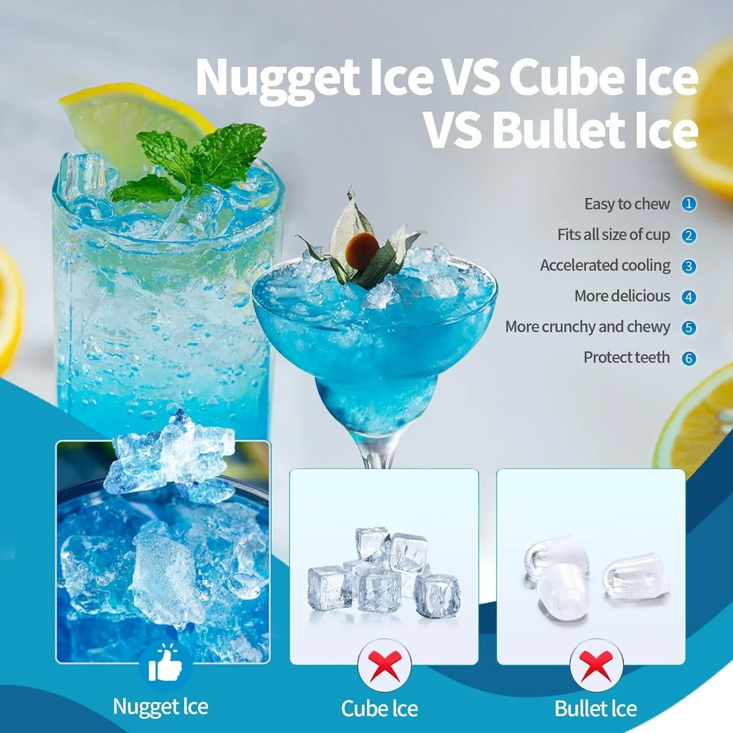 Máquina de hielo masticable suave con cuchara de hielo, 34Lbs/24H, Pebble autolimpiante, conveniente con un clic