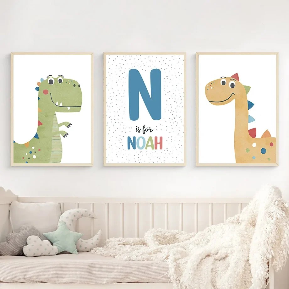 Personalized Cartoon Dinosaur Nursery Wall Art 3