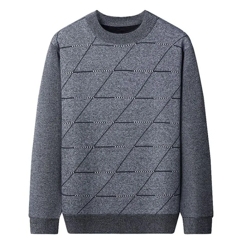 Men Crew Neck Fleece Lined Sweater Thick Warm Knit Pullover For Middle Aged Dad