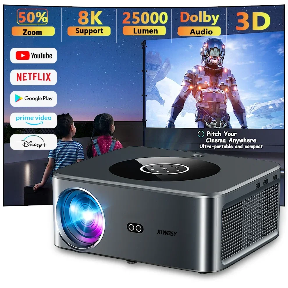 

XIWBSY 25000 Lumens Android 4K LED Projector 800ANSI WiFi6 Bluetooth Projector Video Home Theater Auto Focus/Keystone Proyector