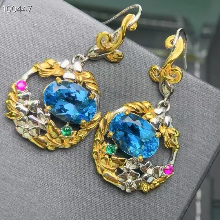 925 Silver Natural Topaz Earrings, 12x14mm Main Stones Vintage Handmade, Crystal Jewelry Gift for Women