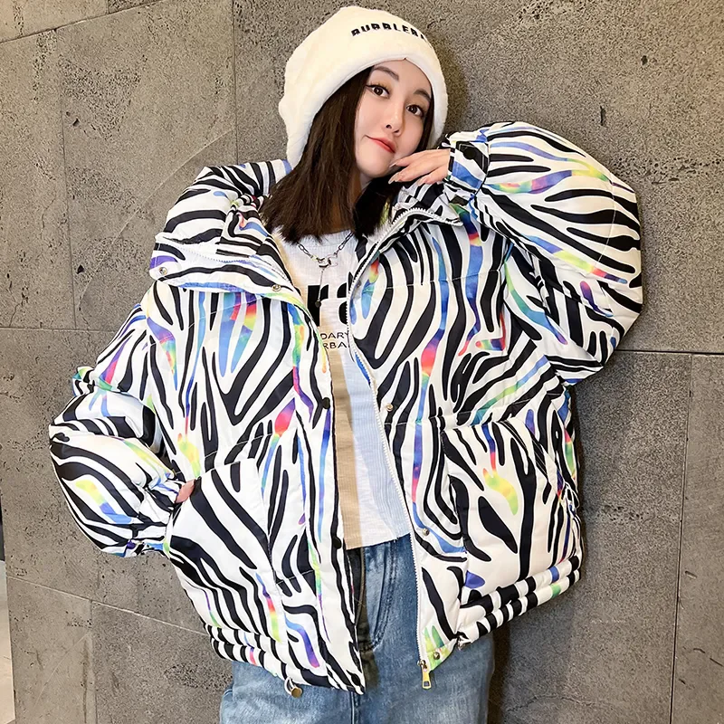 

2024 Winter New Print Cotton Jacket Women Streetwear Female Warm Parkas Hooded Down cotton Coat Korea Loose Short Bread Outwear