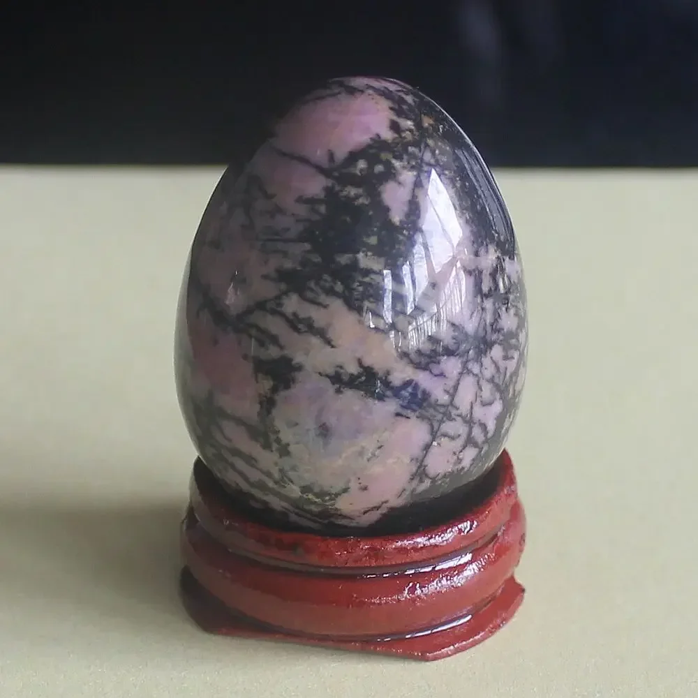 Gemstone crystal rhodonite egg with wood stand easter egg study home decor chakra stone reiki healing