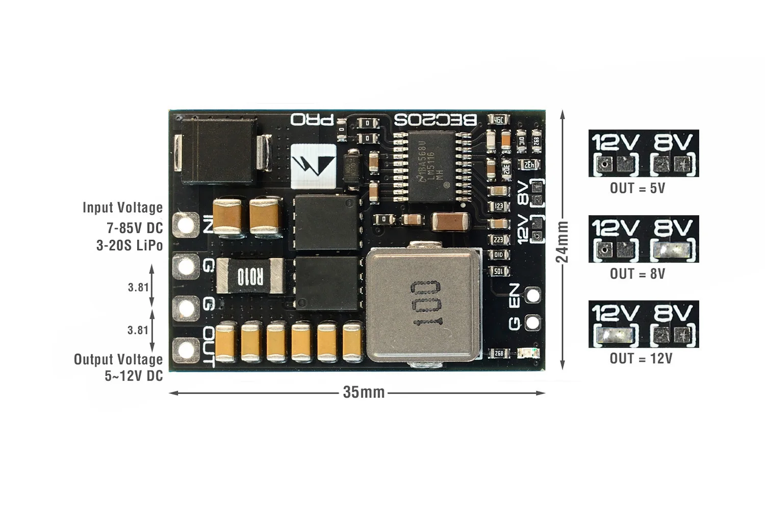 Mateksys BEC20S-PRO High Voltage BEC 7-85V Input 5V 8V 12V Output 5A Step Down Module for 3-20S LiPo FPV Racing Drone