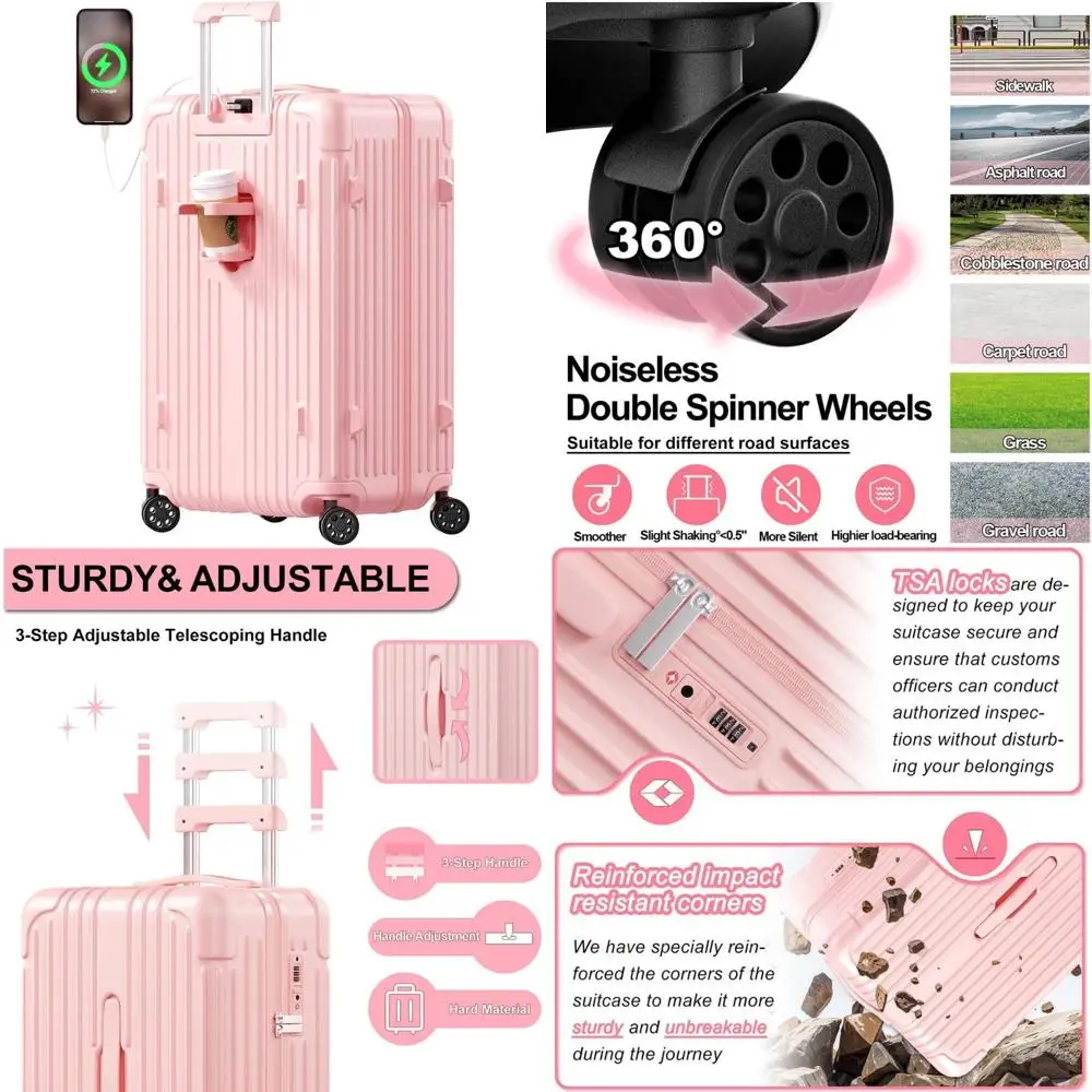 

28 Inch Hardside Spinner Luggage with USB Port, TSA Lock, and Cup Holder - PC+ABS Material, Large Capacity Travel Suitcase