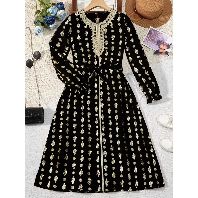 Girls Bohemian Long Sleeve Dress Gold Floral Print Lace Trim Breathable Fabric for Eid Outing