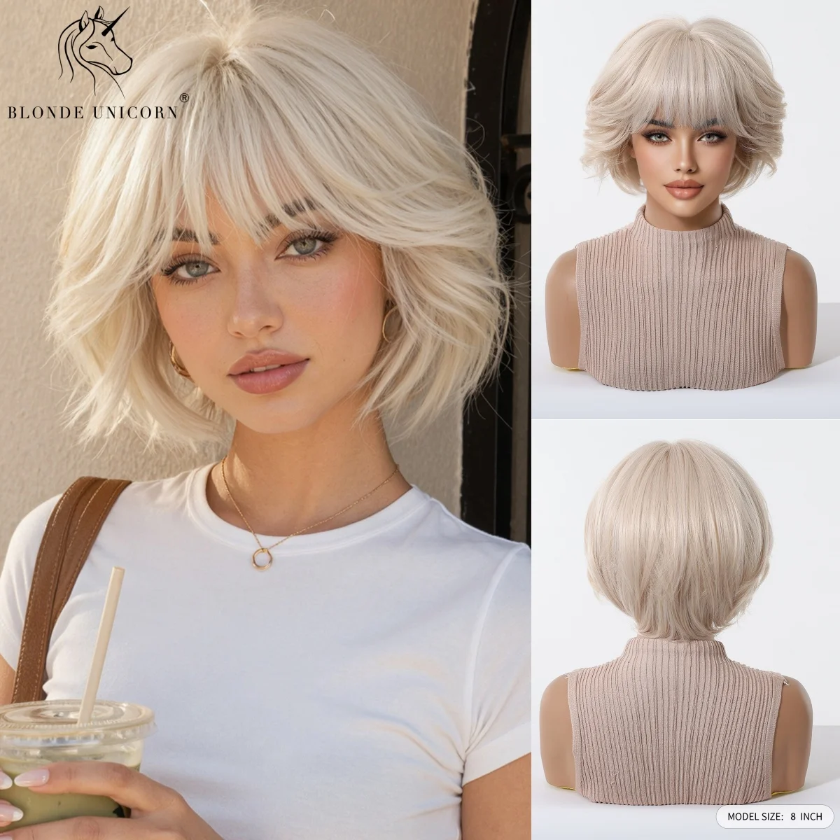 Light Platinum Blonde Short Bob Wig with Full Bangs Layered Cut Heat Resistant Synthetic Fiber Wig for Women Daily Party Cosplay