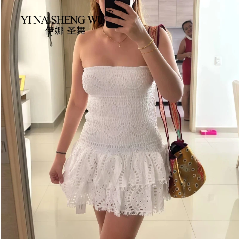 Cut Out Layered Hem Sexy Dress For Women Strapless Sleeveless Off Shoulder High Waist Mini Dresses Female Clothing