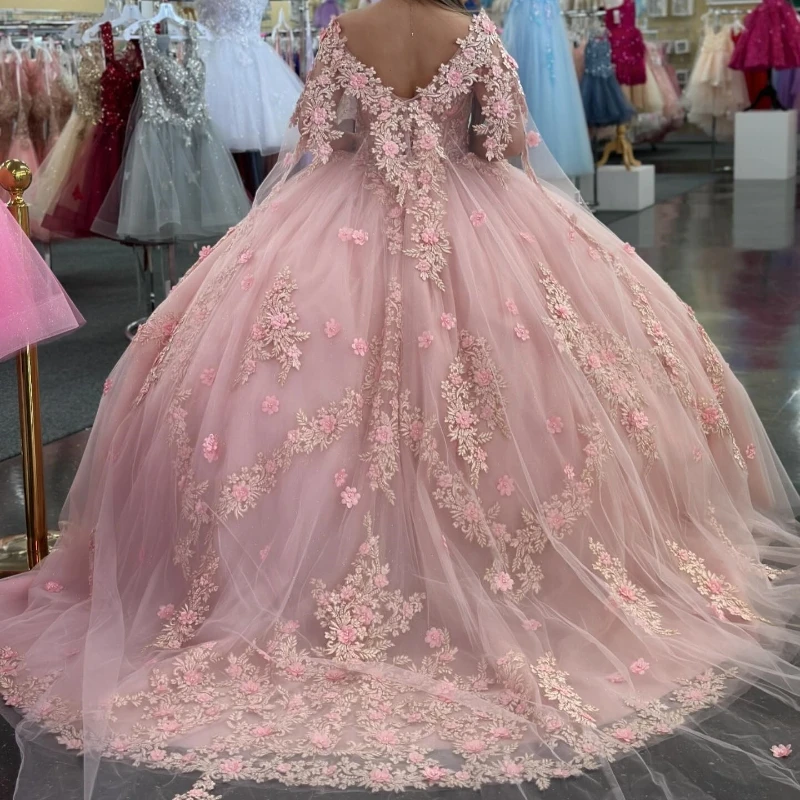 Gaun Quinceanera Glitter Merah Muda Gaun Sweet 15 16 Gaun Pesta Berhias Bunga Korset Renda Applique Tull 2025 Gaun Koktail Prom