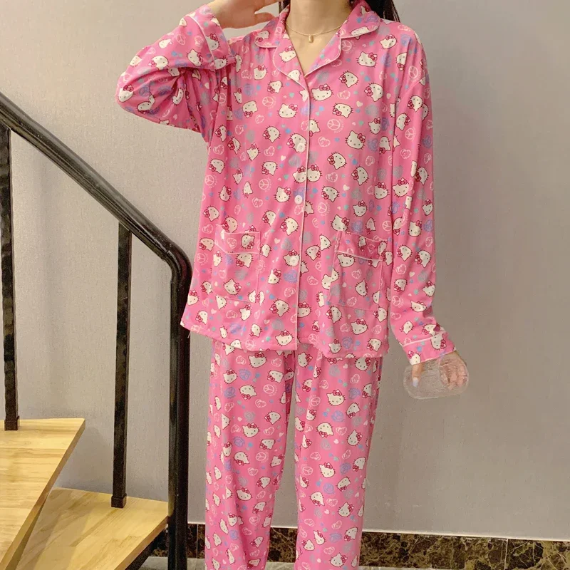 Conjunto de pijamas de seda Hello Kitty da Sanrio, desenho animado bonito feminino, casual, confortável, fresco, respirável, puro algodão, pijama solto, novo