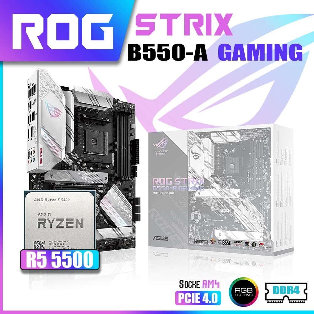 

New Kit ASUS ROG STRIX B550-A GAMING With AMD Ryzen 5 5500 Processor CPU DDR4 Memory Motherboard RGB AM4 mATX Combo