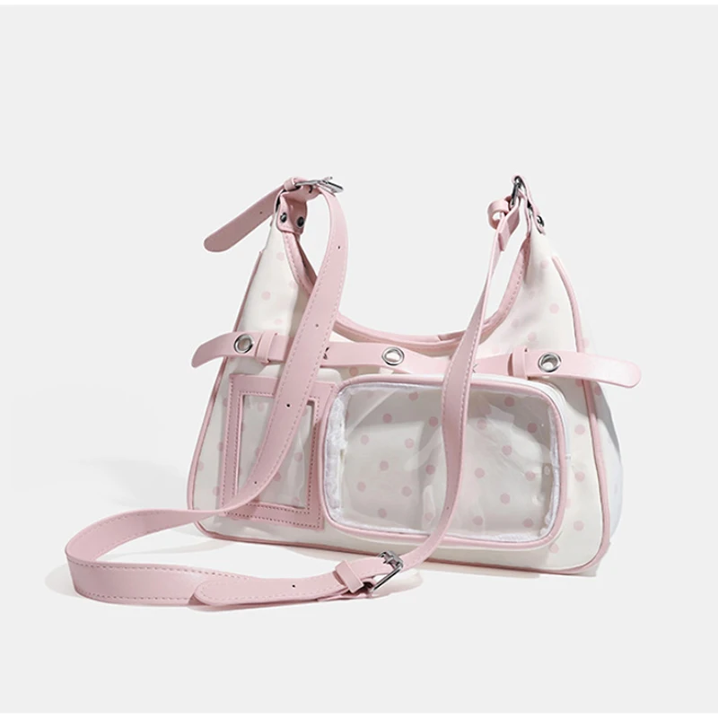 Polka Dot Ita Bag mit transparentem Sichtfenster, Damen-Schultertasche mit Patchwork-Gürtelschnalle, süße, niedliche, lässige Alltagstasche – Detail 5