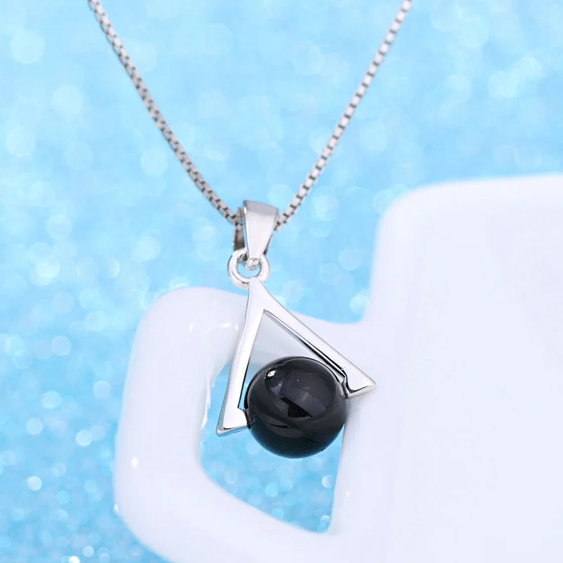 925 Sterling Silver Stylish Simple Black Agate Triangle Pendant Necklace Birthday Party Anniversary Gift
