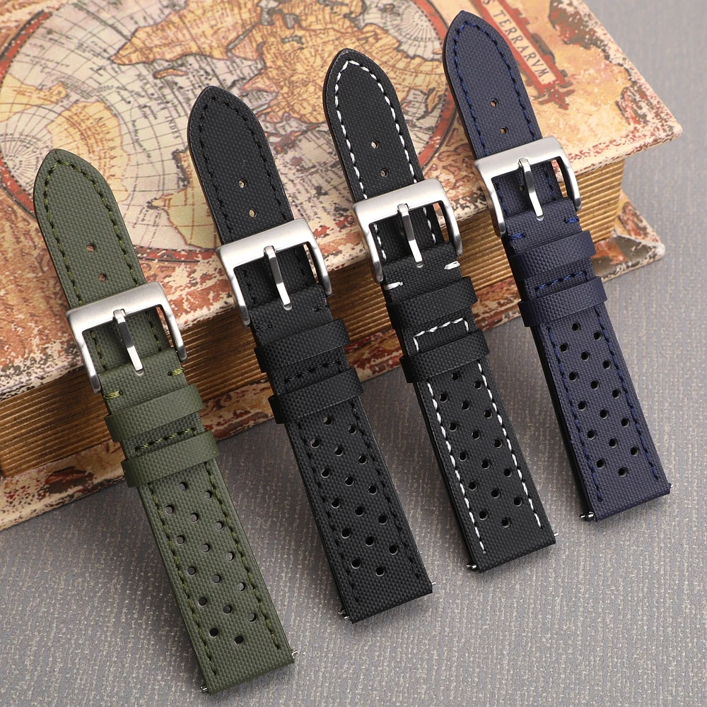 Rally Watch Band Quick Release Durable Sailcloth & Leather Watch Strap 18mm 19mm 20mm 22mm Watchband Accessories Perforated Belt
