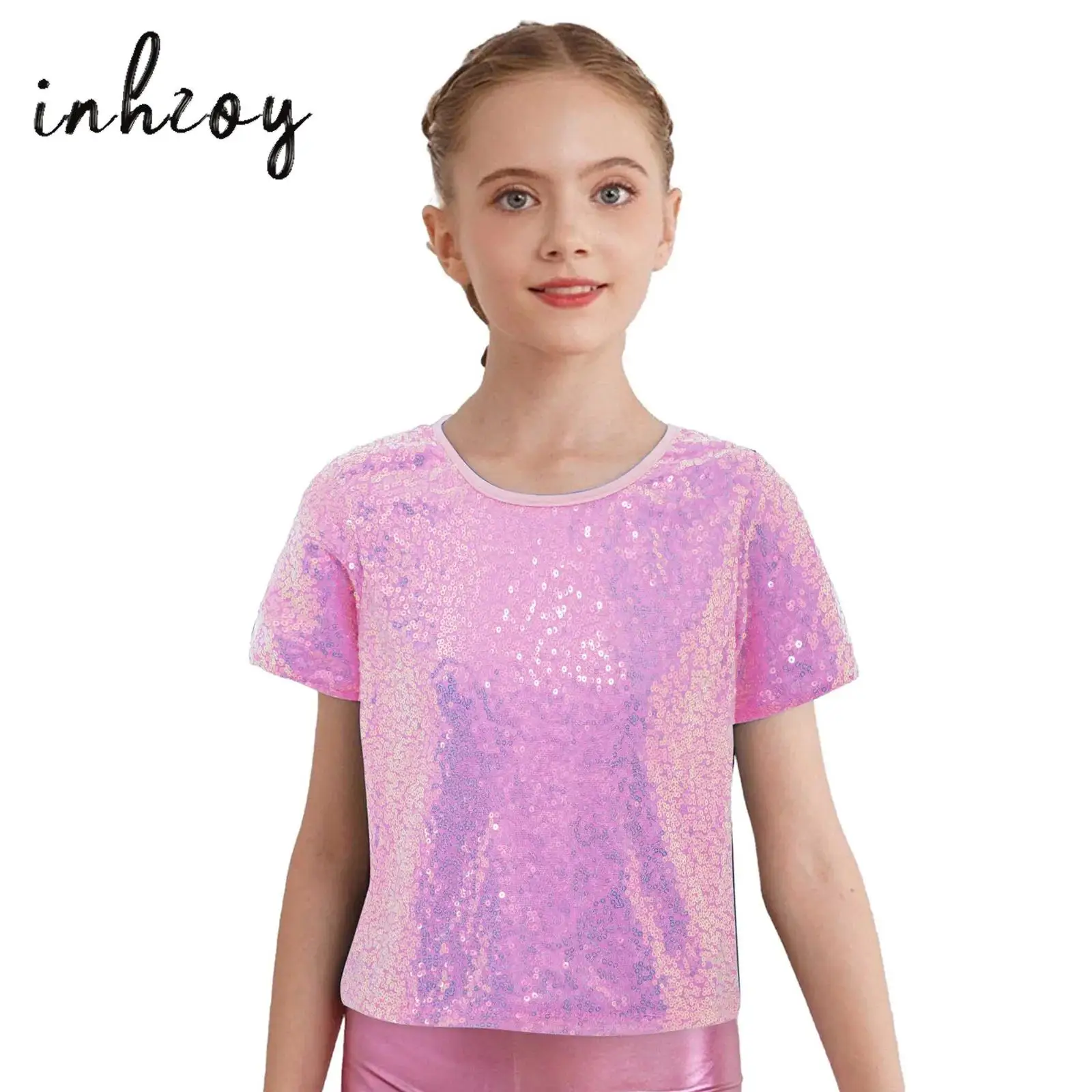 

Kids Girls Shiny Sequins T-shirt Cheerleading Jazz Hip-hop Dance Top Round Neck Short Sleeves Shirt for Stage Performance Party