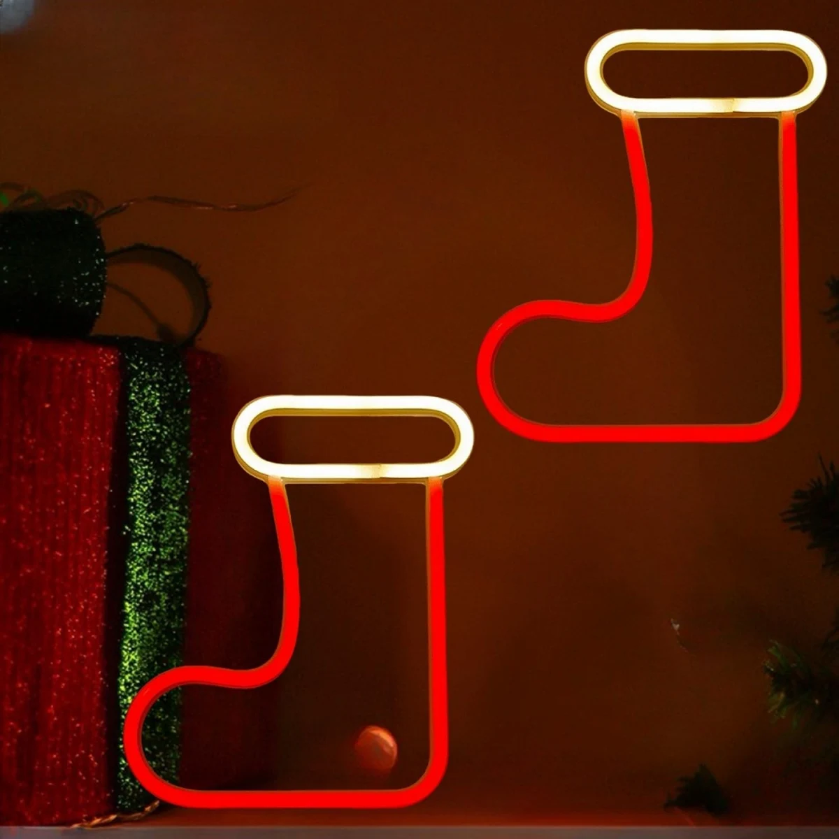 1pc Christmas Tree Neon Sign Light With Elk & Christmas Sock & Christmas Tree For Outdoor Garland Garden Windows Curtain Decor