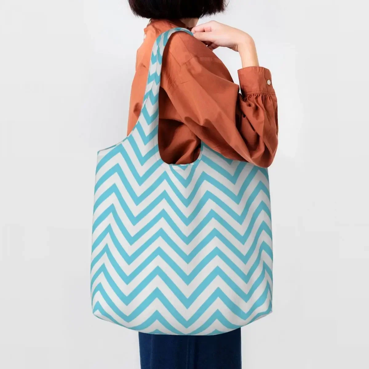 Chevrons Zigzag Pattern Blue Shopping Bag Women Canvas Shoulder Tote  Portable Bohemian Modern Geometric Grocery Shopper s