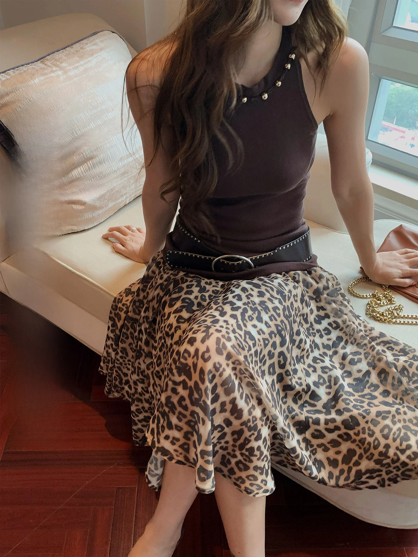 Retro Leopard Print Asymmetrical Hem A-Line Midi Skirt for Women Summer Season Polyester Fabric Ladies Fashion Ensemble