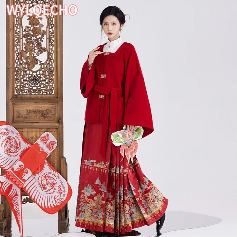 Hanfu Geweven Paardengezichten Rokken Rood Pak Verbetering 2023 Lente Zomer Hanfu Damesrok Femme Nieuwjaar Kledingpak