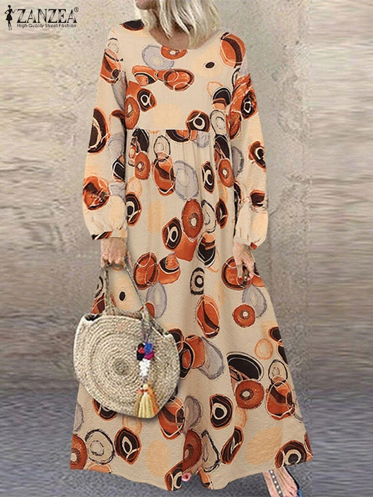 

ZANZEA 2025 Autumn Woman Long Dresses Casual Round Neck Long Puff Sleeve Printing A-Line Robes Femme Cotton Blend Vestidos Mujer