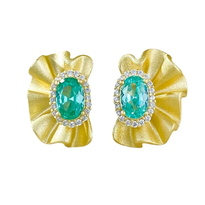 

Spring Qiaoer Vintage 18K Gold Plated 925 Sterling Silver Oval 4*6 MM Paraiba Tourmaline Gemstone Studs Earrings for Women